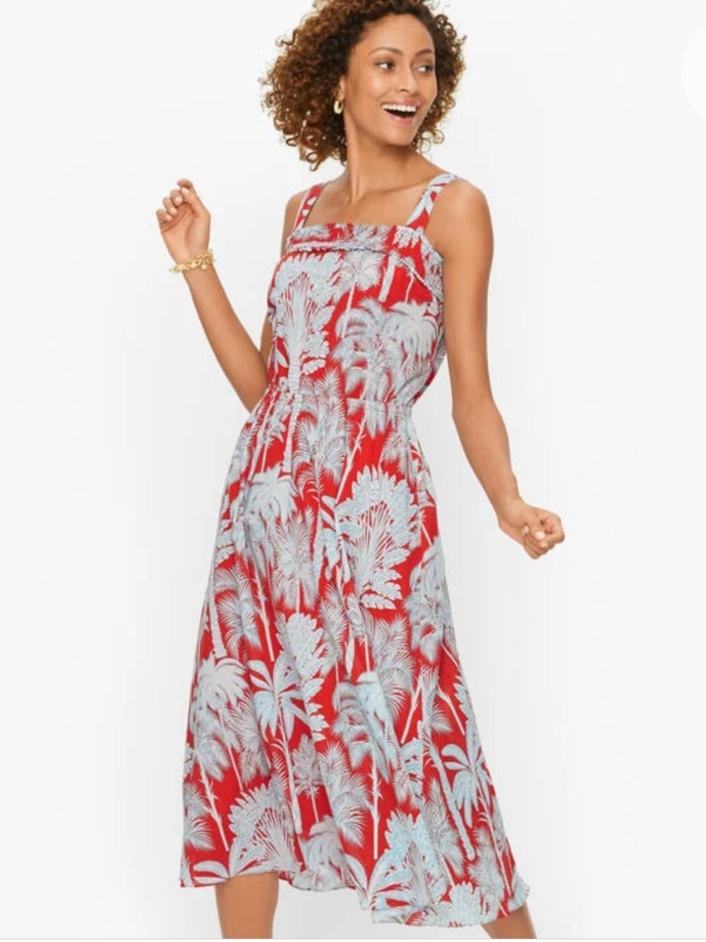 Talbots size 12 Oasis Palm voile fit and flare Red Tropical Print Midi Sundress